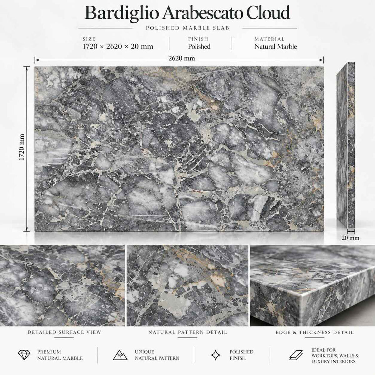 Bardiglio Arabescato Cloud Polished Marble Slab 1720x2620x20mm