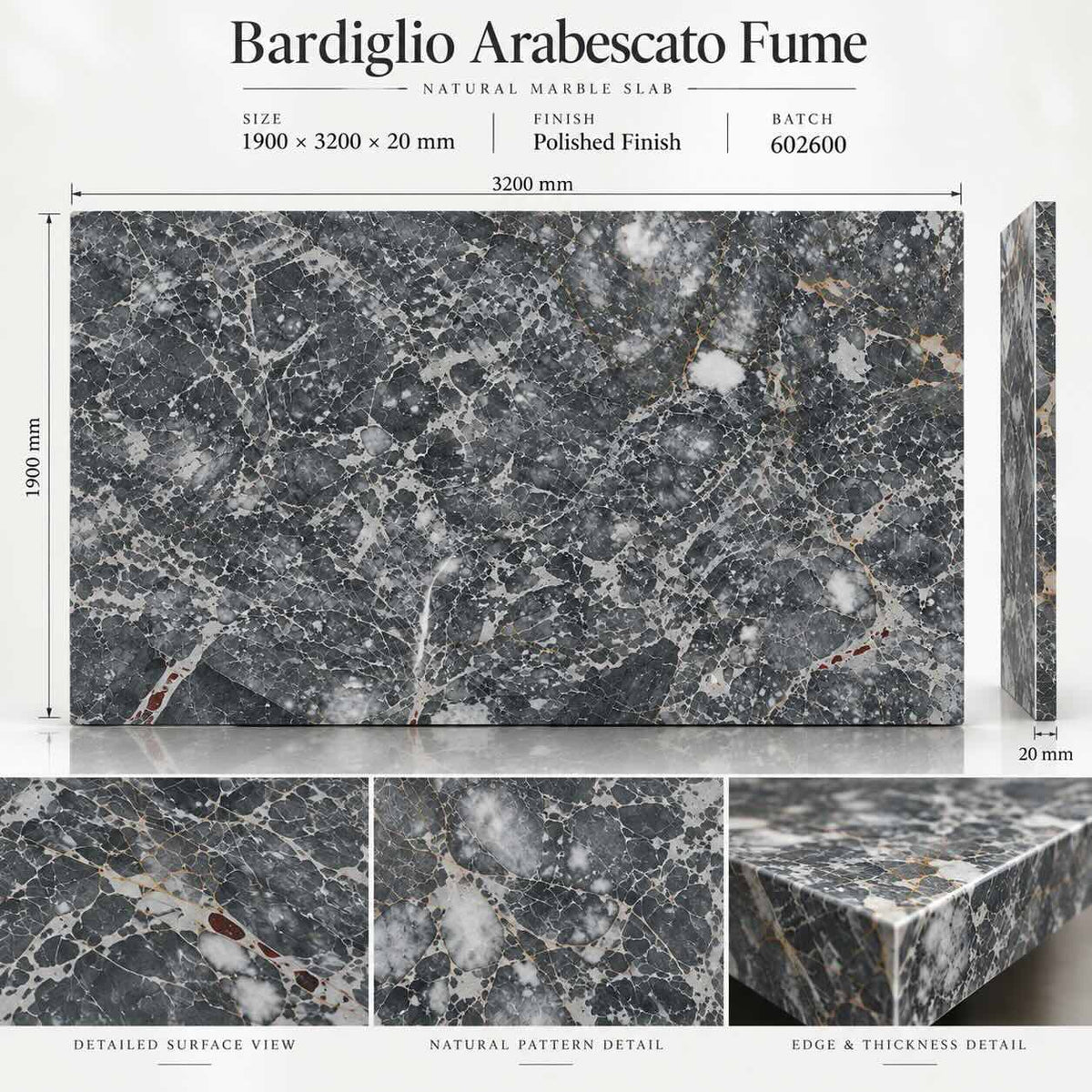 Bardiglio Arabescato Fume Polished Marble Slab 1900x3200x20mm