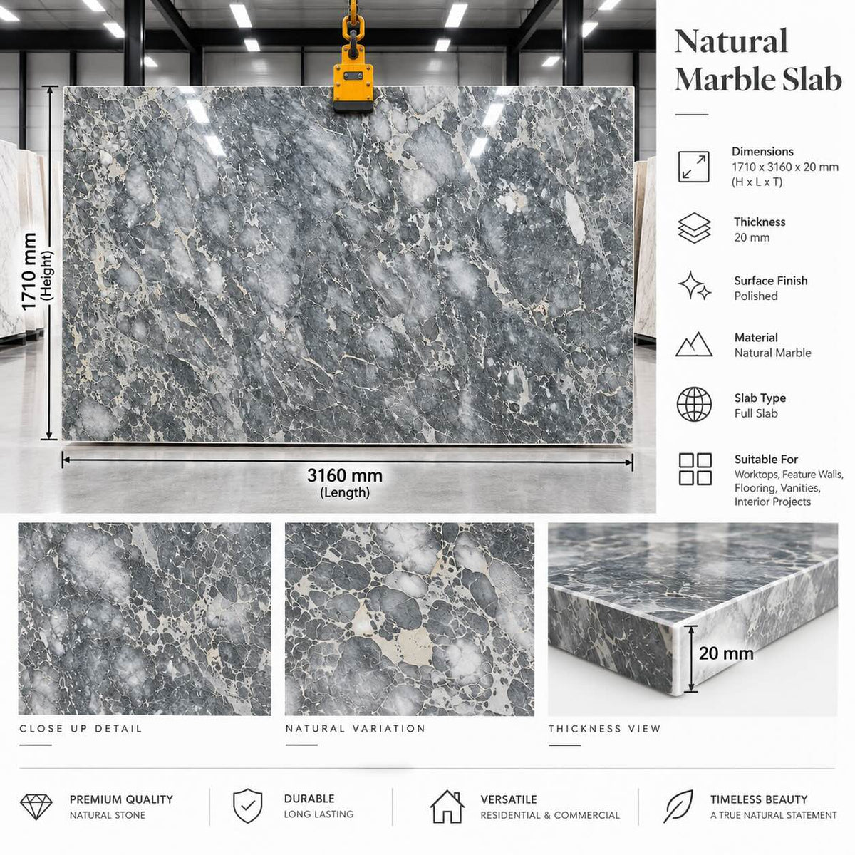 Bardiglio Arabescato Polished Marble Slab – 1710 x 3160 x 20mm