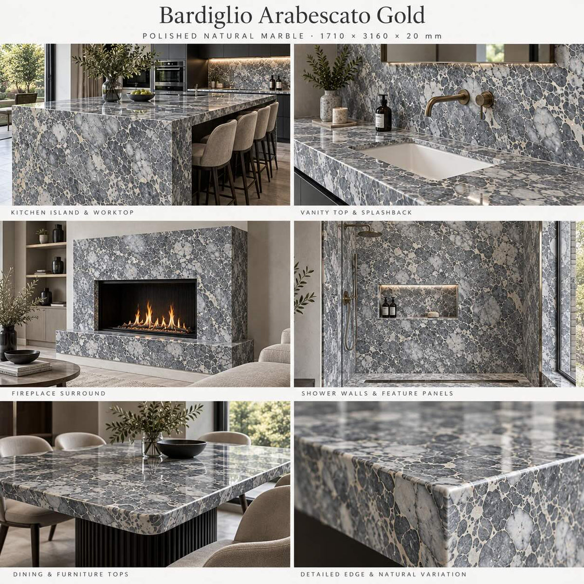 Bardiglio Arabescato Polished Marble Slab – 1710 x 3160 x 20mm