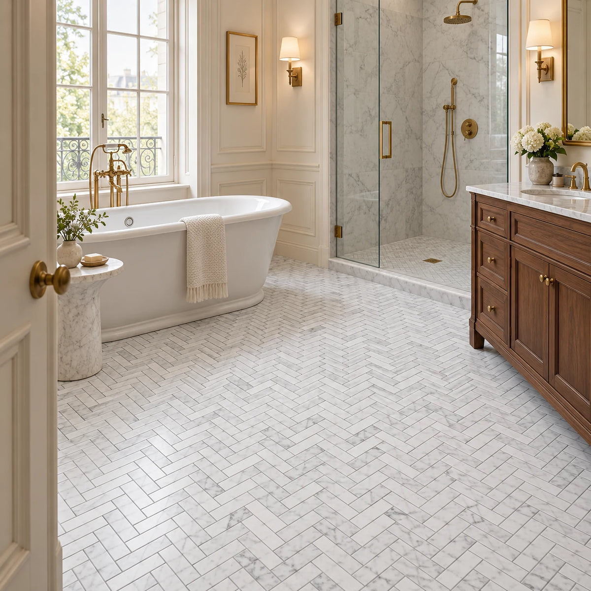 Bianco Carrara 25 × 100 mm Herringbone Marble Mosaic, Polished