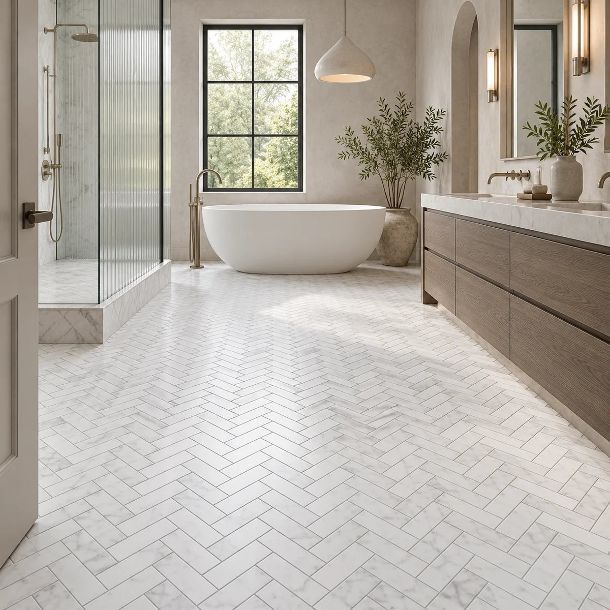 A bright, modern bathroom with white herringbone marble floor tiles, a freestanding oval bathtub, a glass shower enclosure, and a long double-sink vanity with wood cabinets.