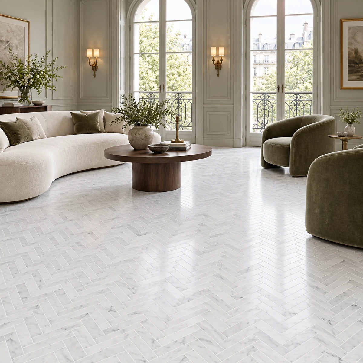 Bianco Carrara 25 × 75 mm Herringbone Marble Mosaic, Honed