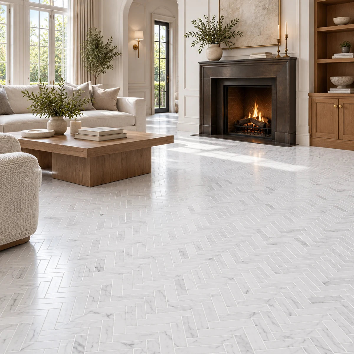 Bianco Carrara 25 × 75 mm Herringbone Marble Mosaic, Honed