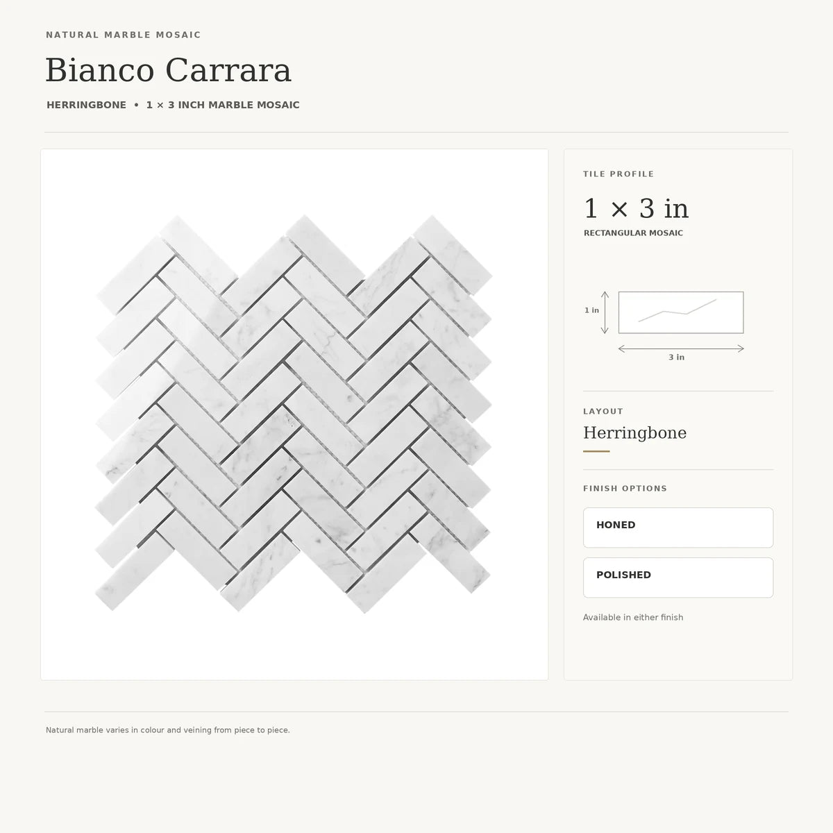 Bianco Carrara 25 × 75 mm Herringbone Marble Mosaic, Honed