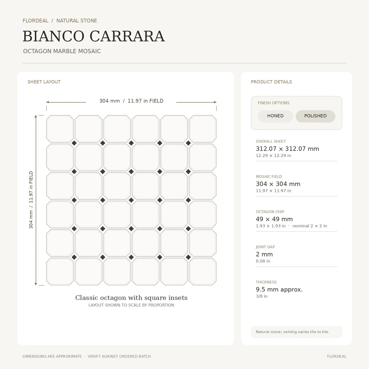 Bianco Carrara 50 × 50 mm Octagon Marble Mosaic with Bardiglio Dots, Honed