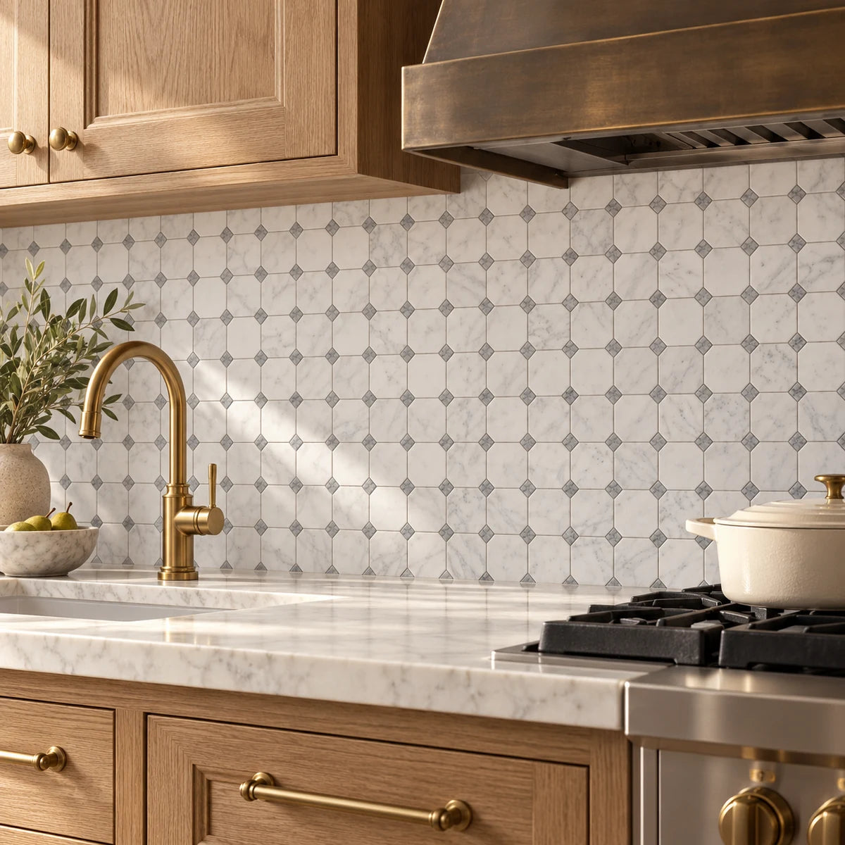 Bianco Carrara 50 × 50 mm Octagon Marble Mosaic with Bardiglio Dots, Honed