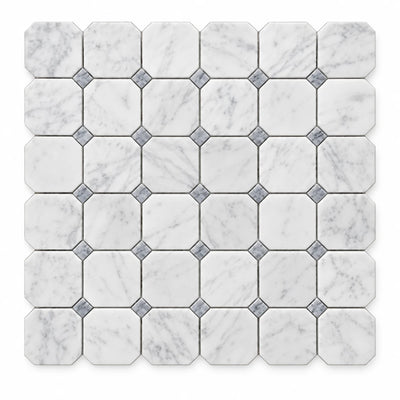 Bianco Carrara 50 × 50 mm Octagon Marble Mosaic with Bardiglio Dots, Honed