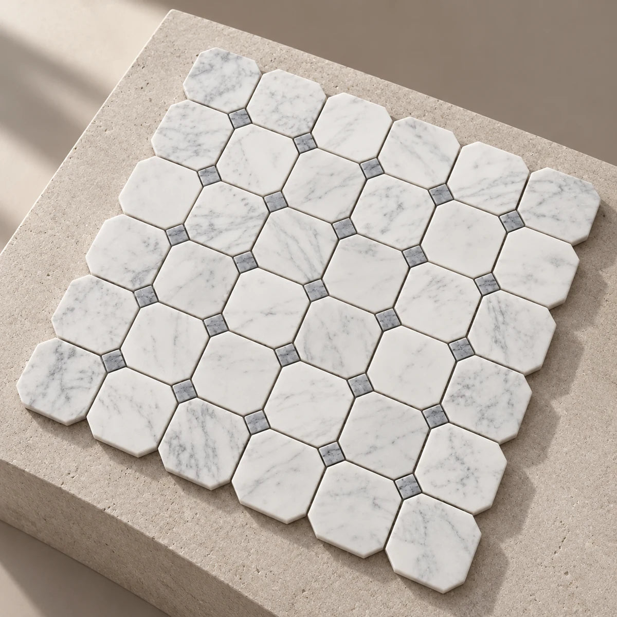 Bianco Carrara 50 × 50 mm Octagon Marble Mosaic with Bardiglio Dots, Honed