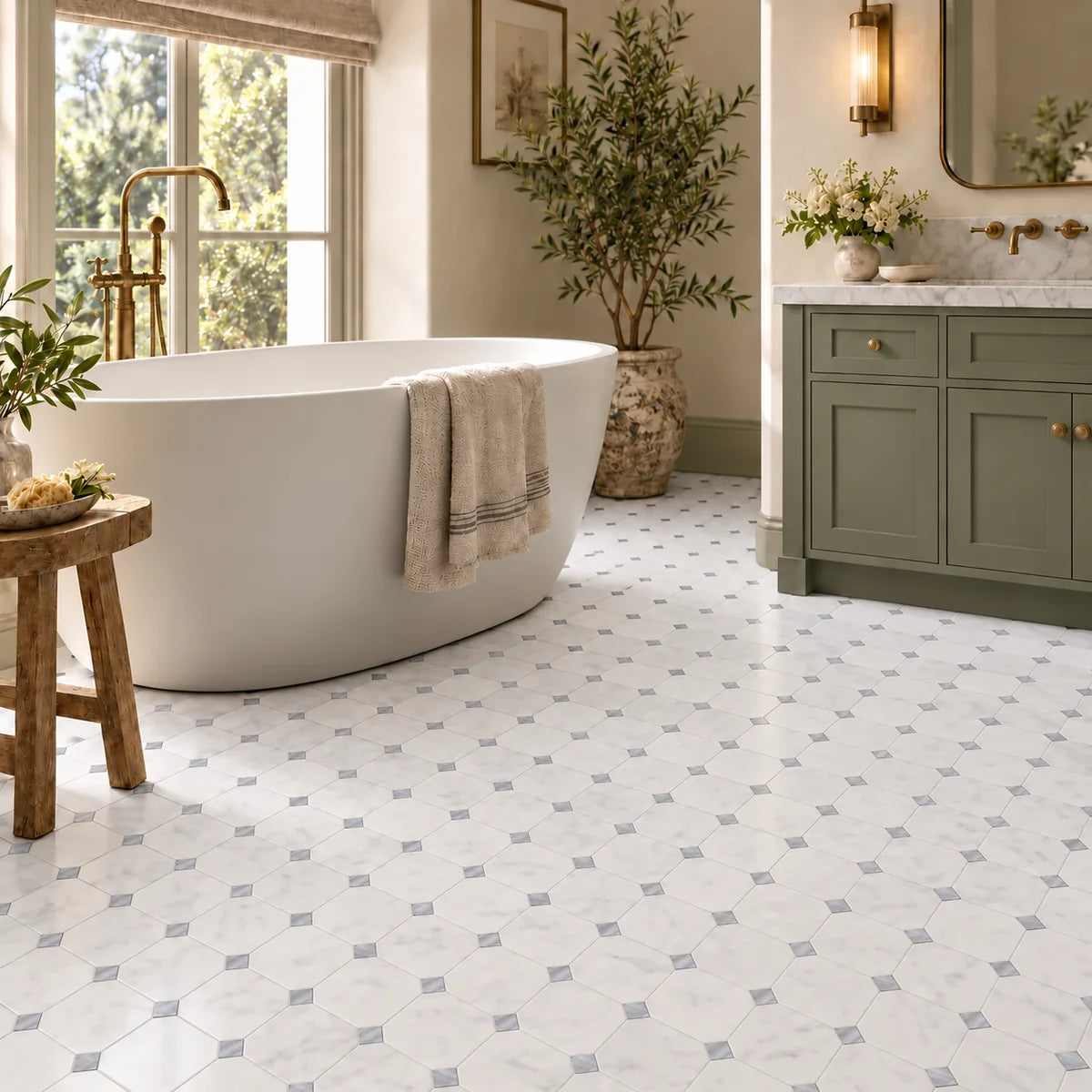 Bianco Carrara 50 × 50 mm Octagon Marble Mosaic with Bardiglio Dots, Polished