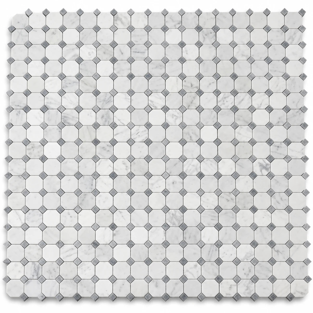 Bianco Carrara 50 × 50 mm Octagon Marble Mosaic with Bardiglio Dots, Polished