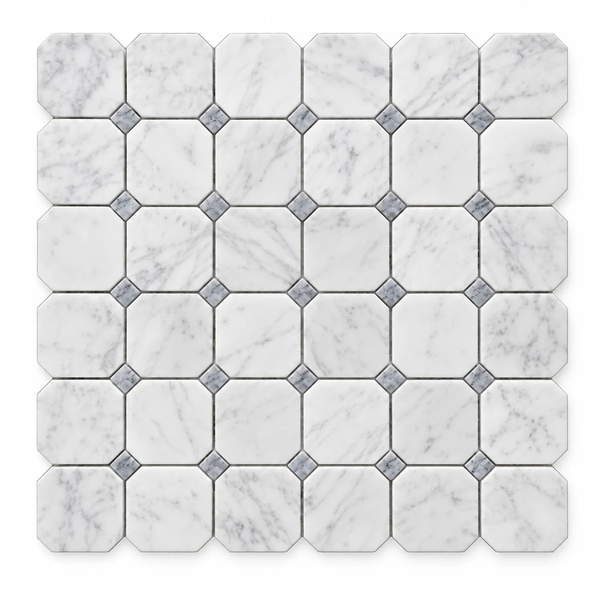 Bianco Carrara 50 × 50 mm Octagon Marble Mosaic with Bardiglio Dots, Polished