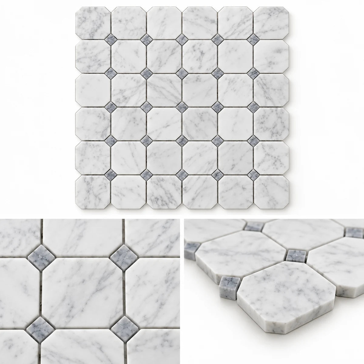 Bianco Carrara 50 × 50 mm Octagon Marble Mosaic with Bardiglio Dots, Polished