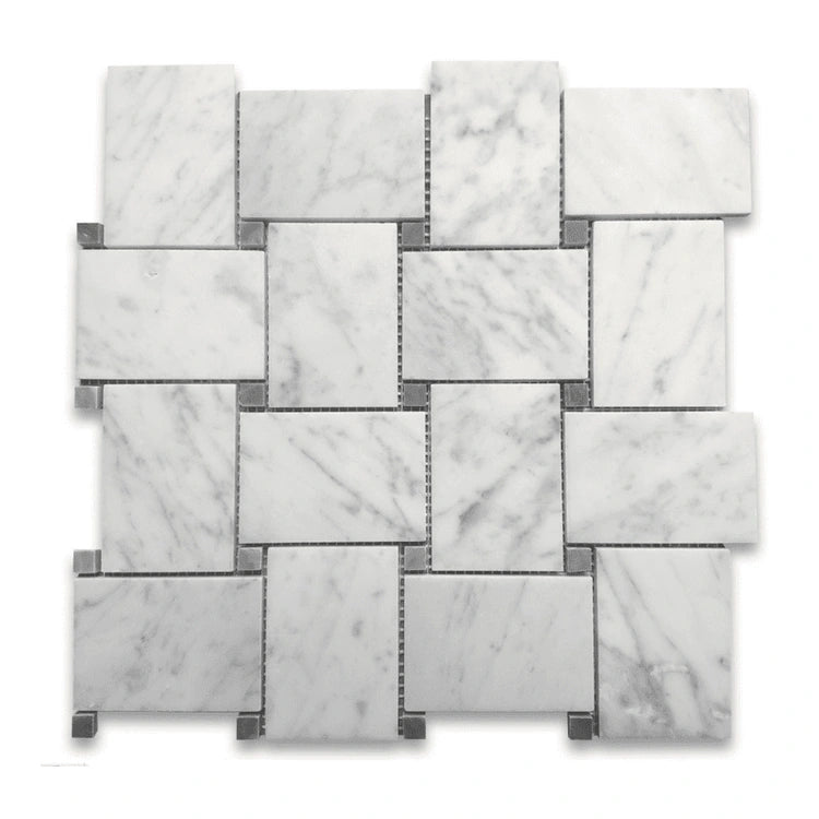 Bianco Carrara 50 × 75 mm Basketweave Marble Mosaic with Bardiglio Dots, Honed