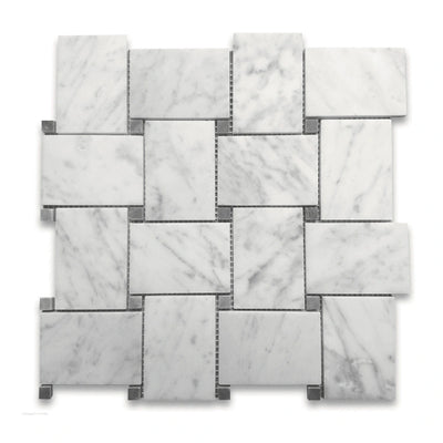 Bianco Carrara 50 × 75 mm Basketweave Marble Mosaic with Bardiglio Dots, Honed