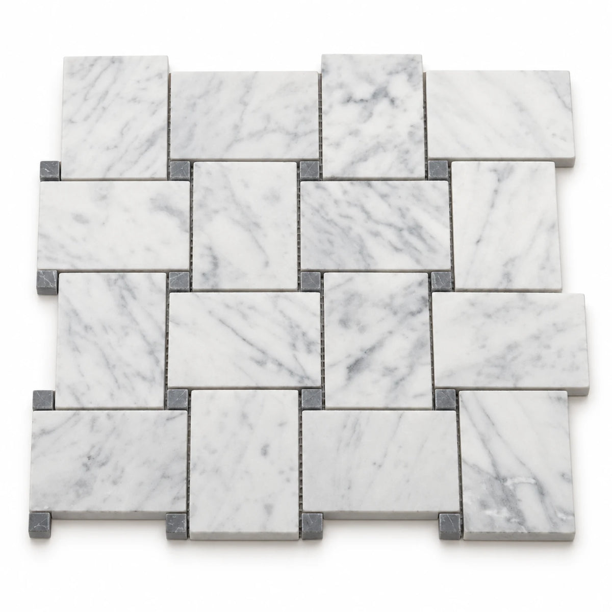 Bianco Carrara 50 × 75 mm Basketweave Marble Mosaic with Bardiglio Dots, Honed