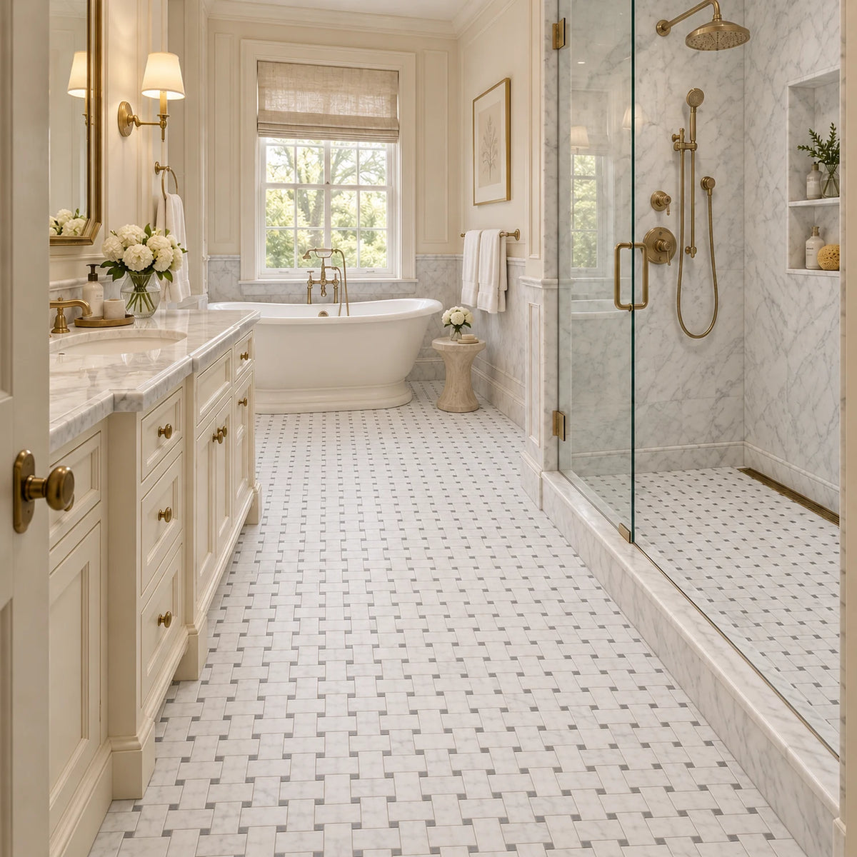 A luxury bathroom interior featuring a freestanding white bathtub, a glass-enclosed walk-in shower with brass fixtures, a long cream vanity with marble countertop and brass knobs, and a patterned tile floor.