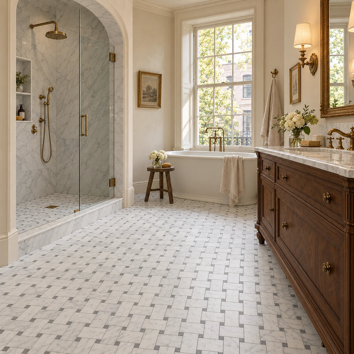 A luxury bathroom interior featuring a classic white and gray herringbone tile floor, a dark wood double vanity with a marble countertop, a glass walk-in shower, and a vintage-style freestanding bathtub by a large window.