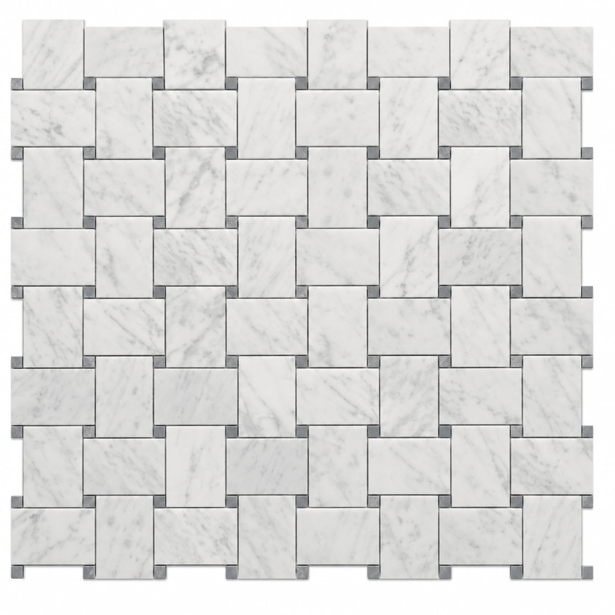 Bianco Carrara 50 × 75 mm Basketweave Marble Mosaic with Bardiglio Dots, Honed