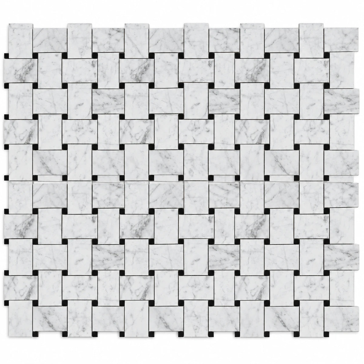 Bianco Carrara 50 × 75 mm Basketweave Marble Mosaic with Nero Marquina Dots, Honed