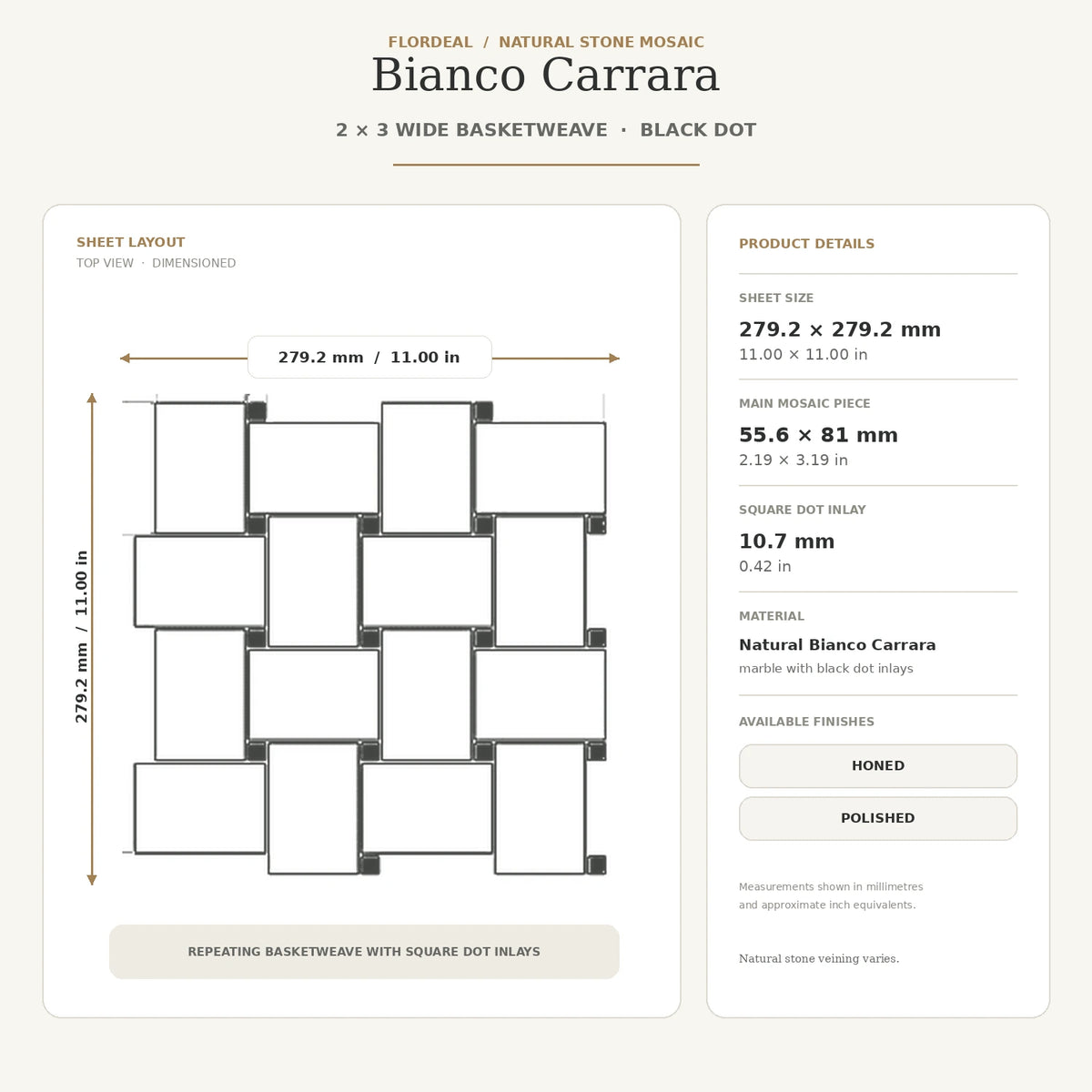 Bianco Carrara 50 × 75 mm Basketweave Marble Mosaic with Nero Marquina Dots, Honed