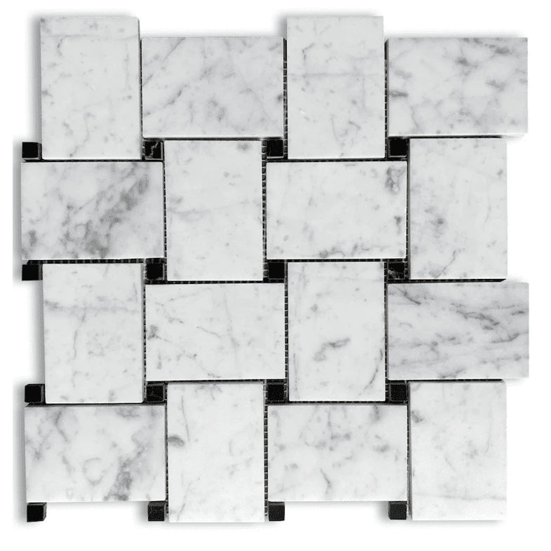 Bianco Carrara 50 × 75 mm Basketweave Marble Mosaic with Nero Marquina Dots, Honed