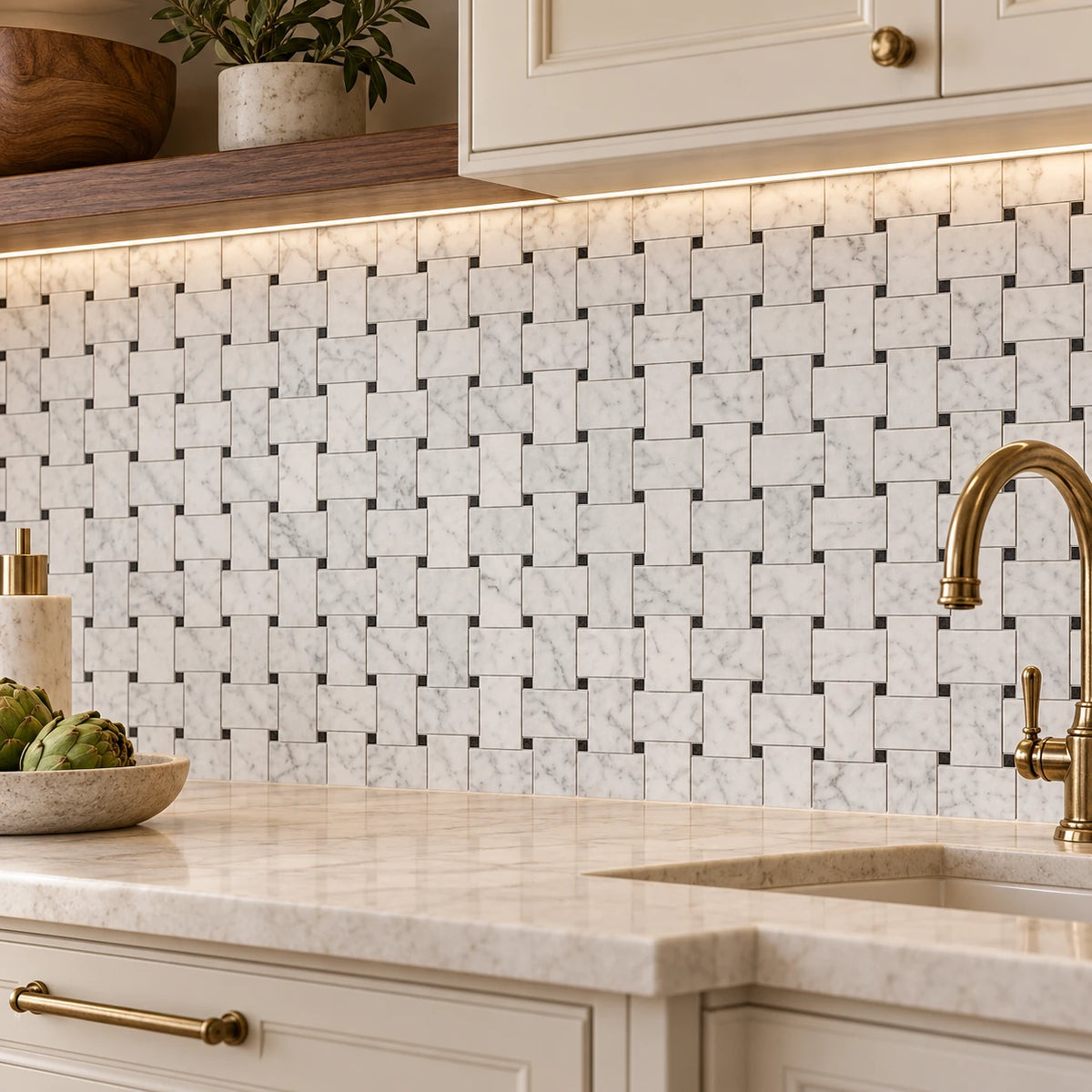 Bianco Carrara 50 × 75 mm Basketweave Marble Mosaic with Nero Marquina Dots, Honed