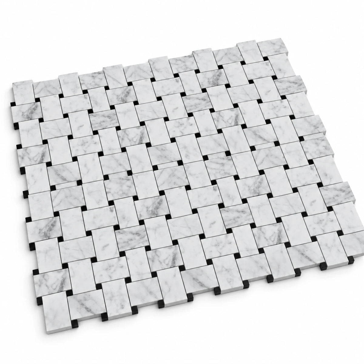 Bianco Carrara 50 × 75 mm Basketweave Marble Mosaic with Nero Marquina Dots, Polished