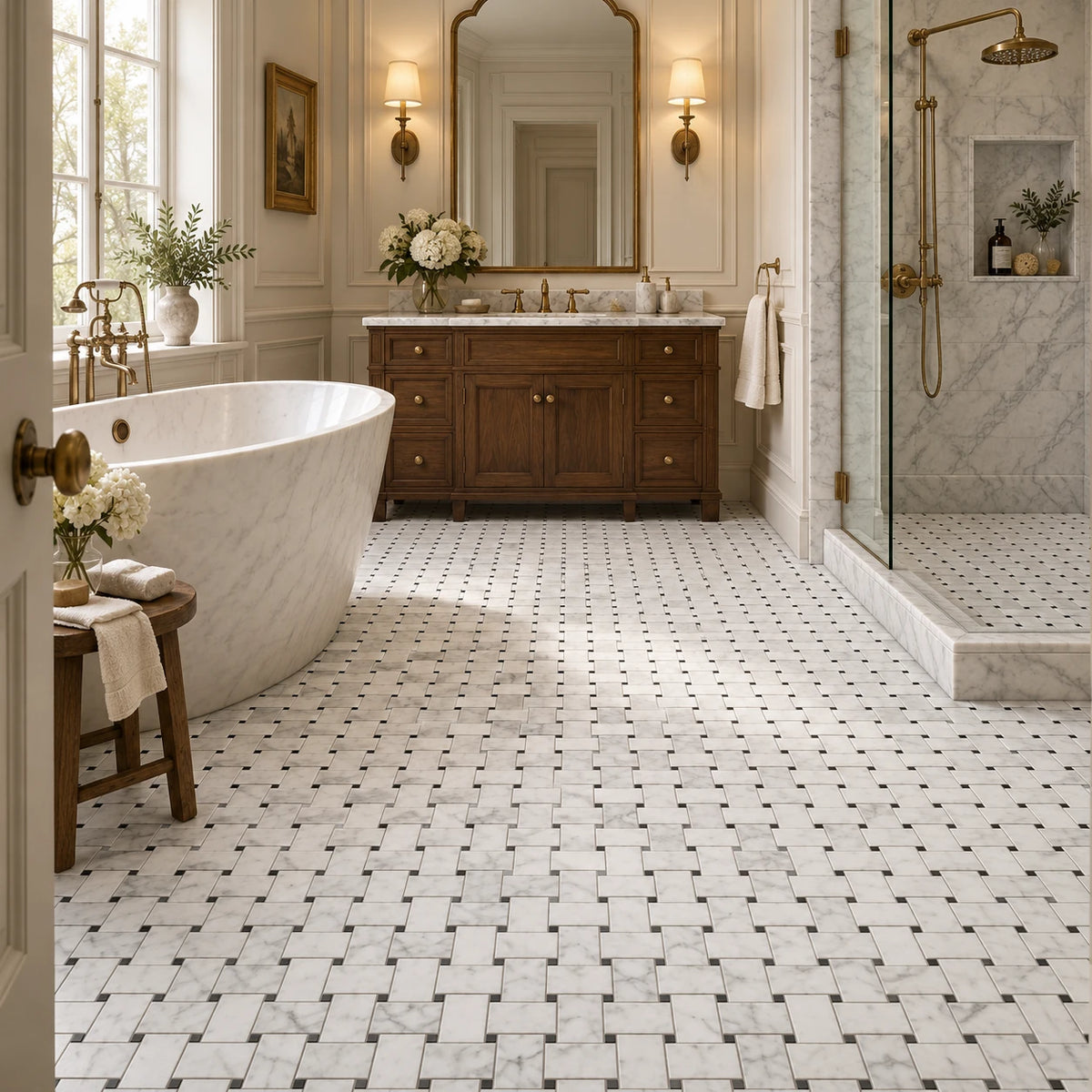 A luxury bathroom interior featuring a white and black marble checkered floor, a freestanding white marble tub, a dark wood double vanity, and a glass walk-in shower with brass fixtures.