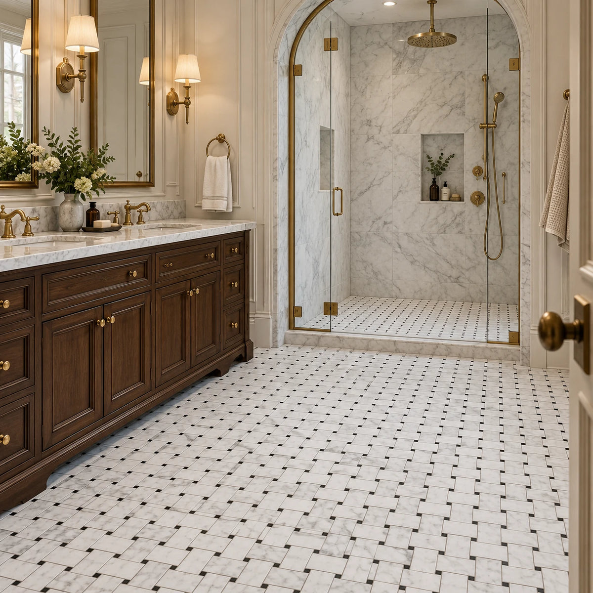 A luxurious bathroom interior featuring a dark wood double vanity with a white marble countertop, a glass walk-in shower with brass hardware, and a white-and-black patterned tile floor.