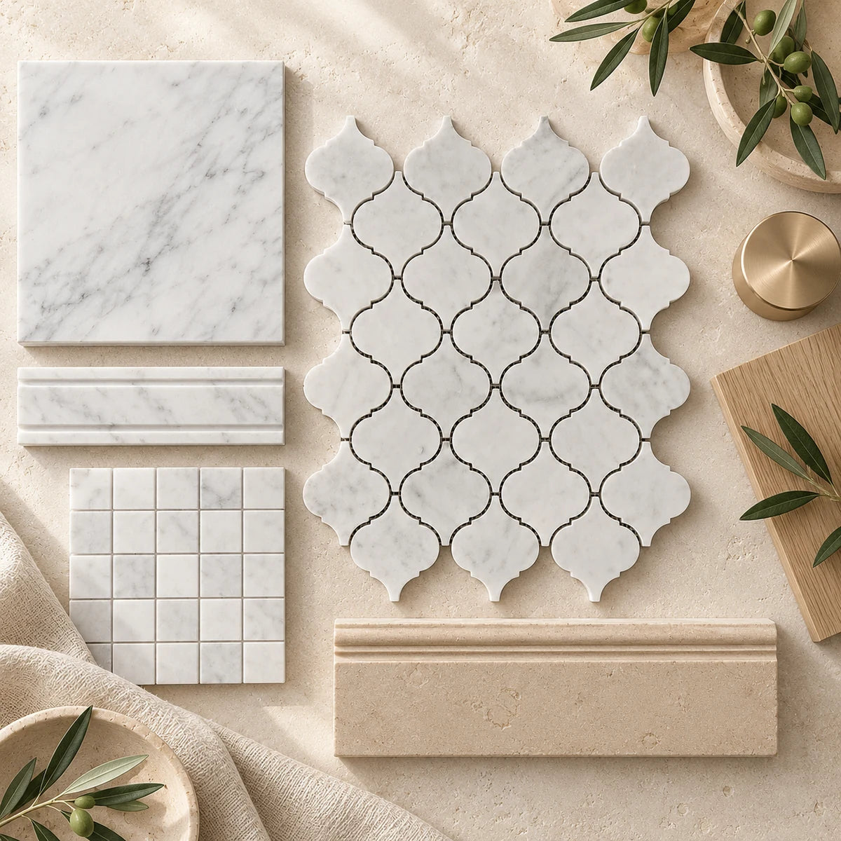 Bianco Carrara 76 × 76 mm Arabesque Marble Mosaic, Honed