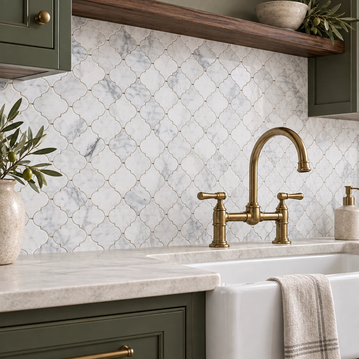Bianco Carrara 76 × 76 mm Arabesque Marble Mosaic, Honed