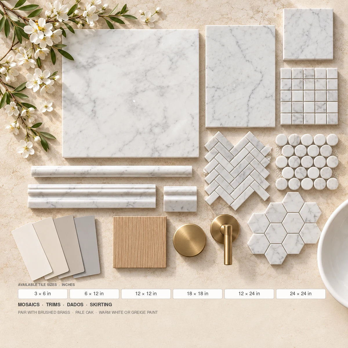 Bianco Carrara 76 × 76 mm Arabesque Marble Mosaic, Honed