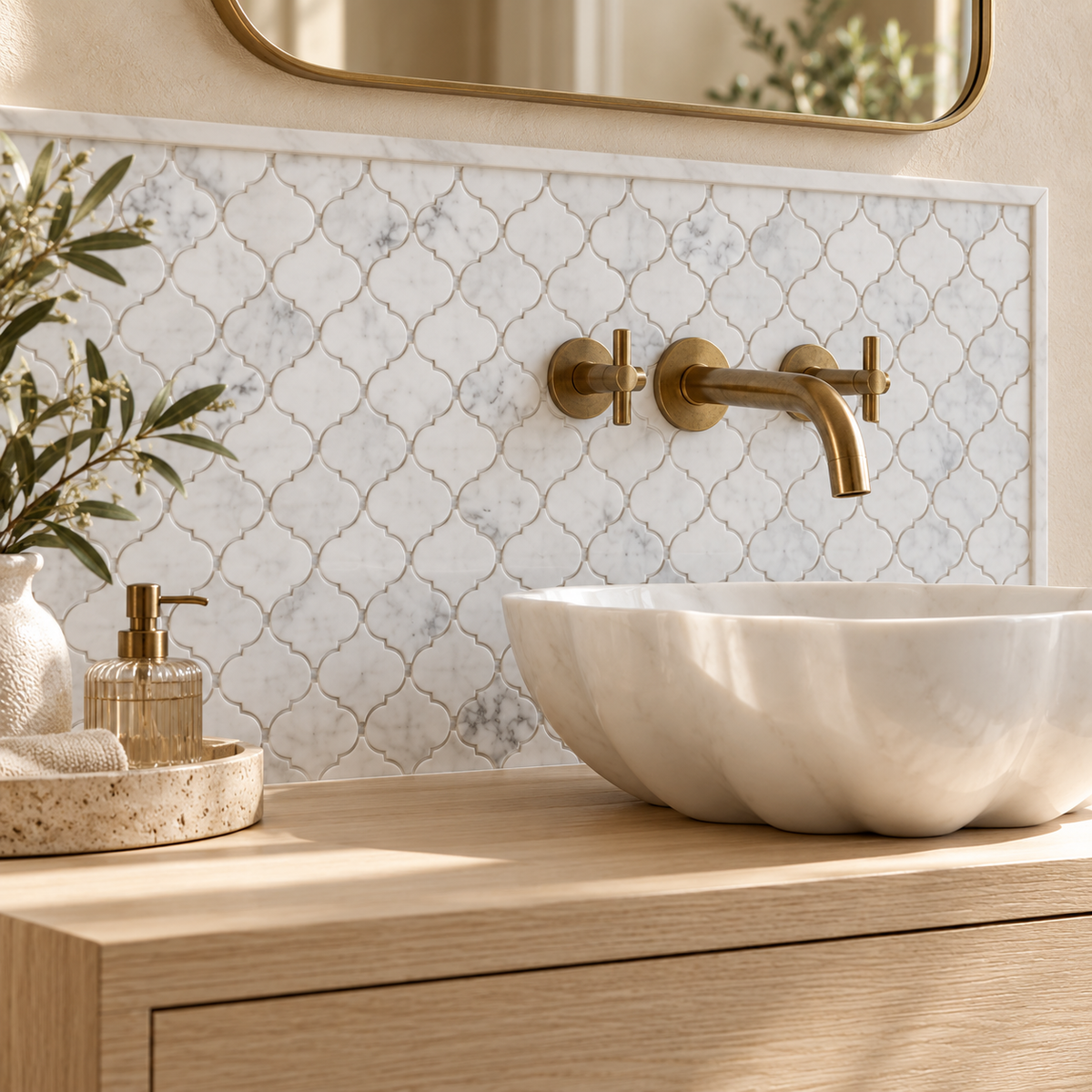 Bianco Carrara 76 × 76 mm Arabesque Marble Mosaic, Polished