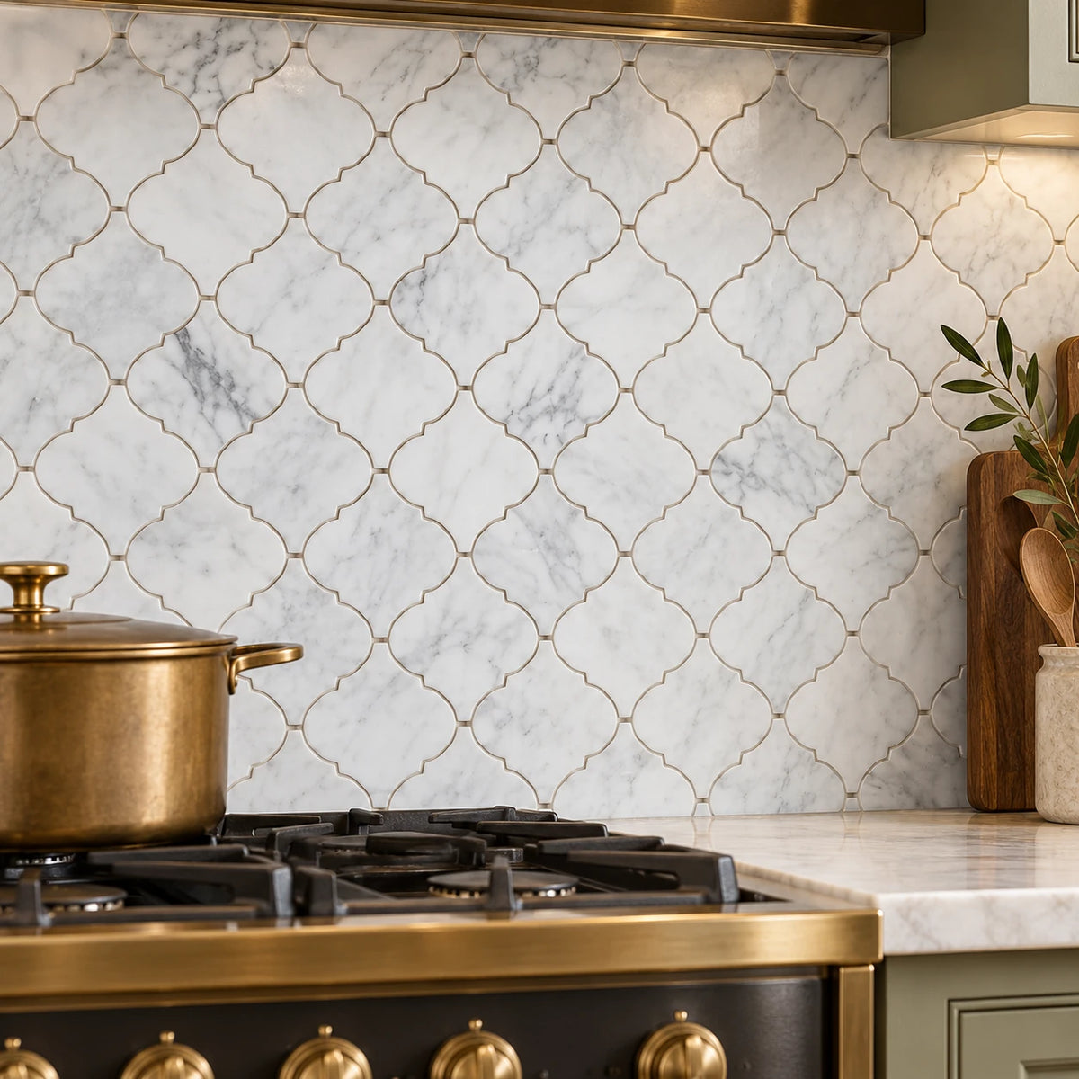 Bianco Carrara 76 × 76 mm Arabesque Marble Mosaic, Polished