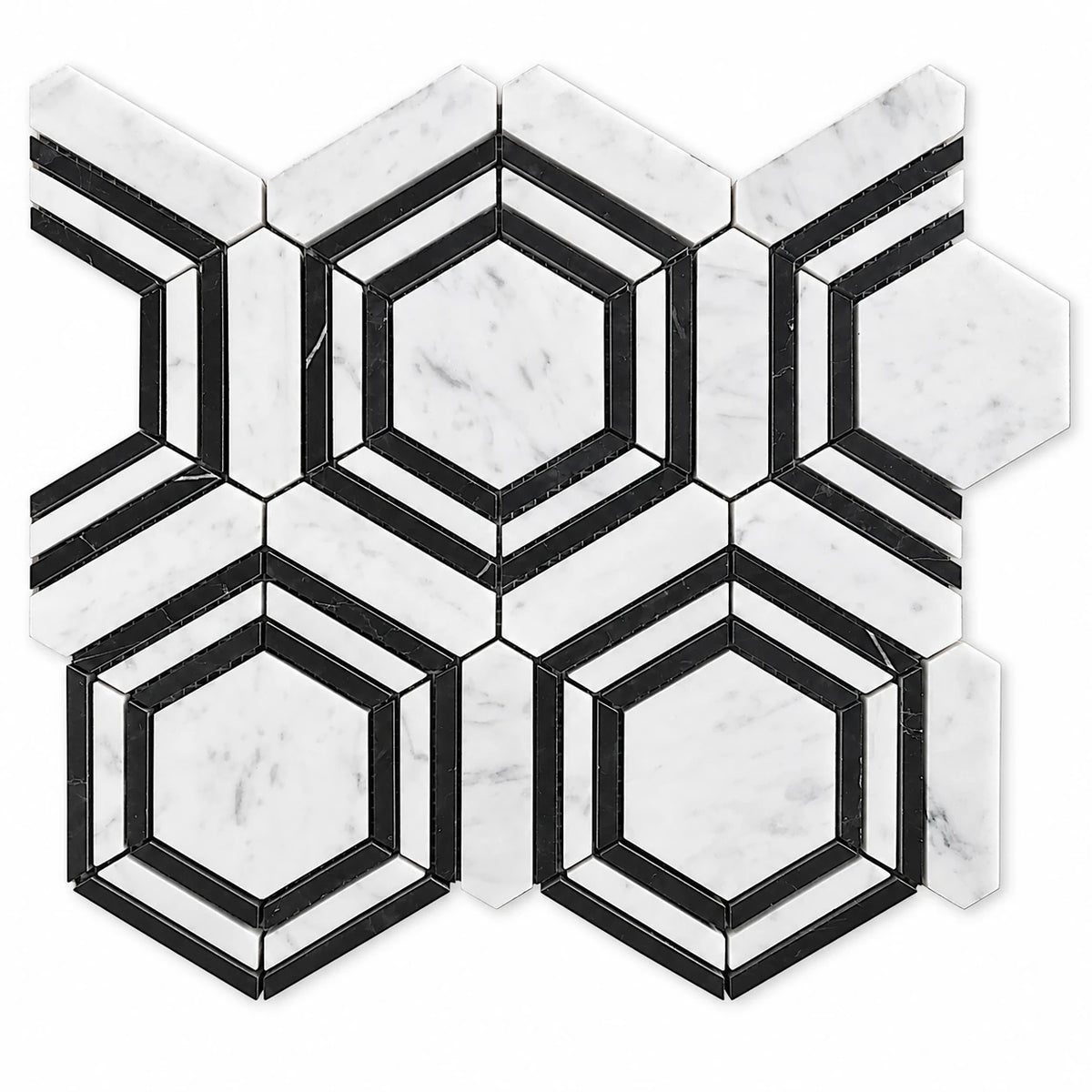 Bianco Carrara Hexagon Marble Mosaic with Nero Marquina Geometric Strips