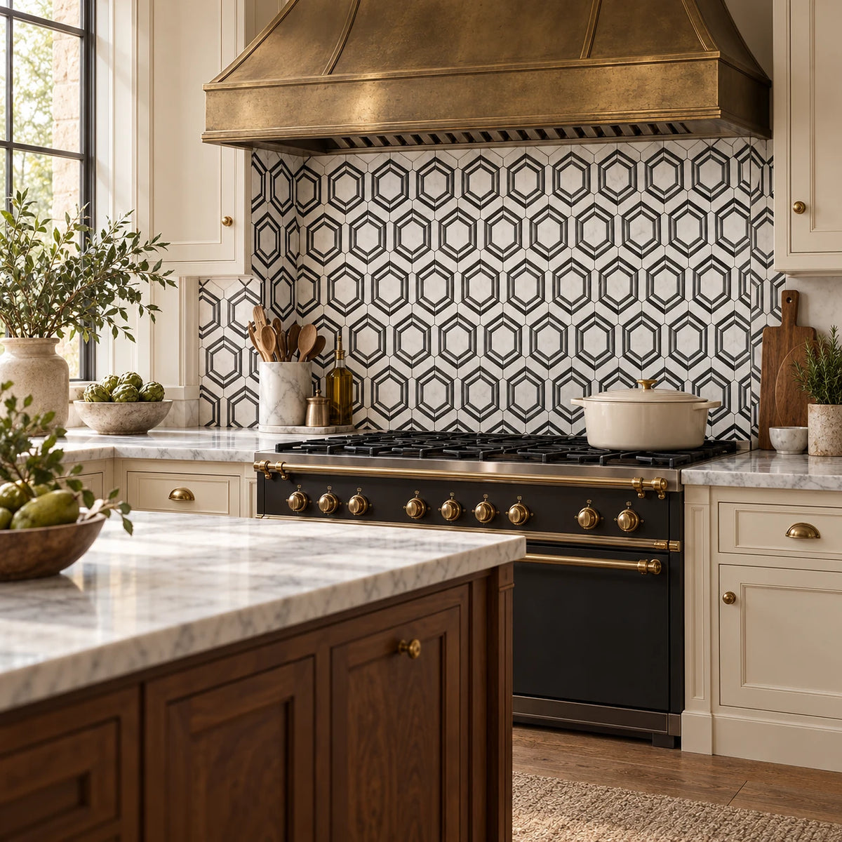 Bianco Carrara Hexagon Marble Mosaic with Nero Marquina Geometric Strips