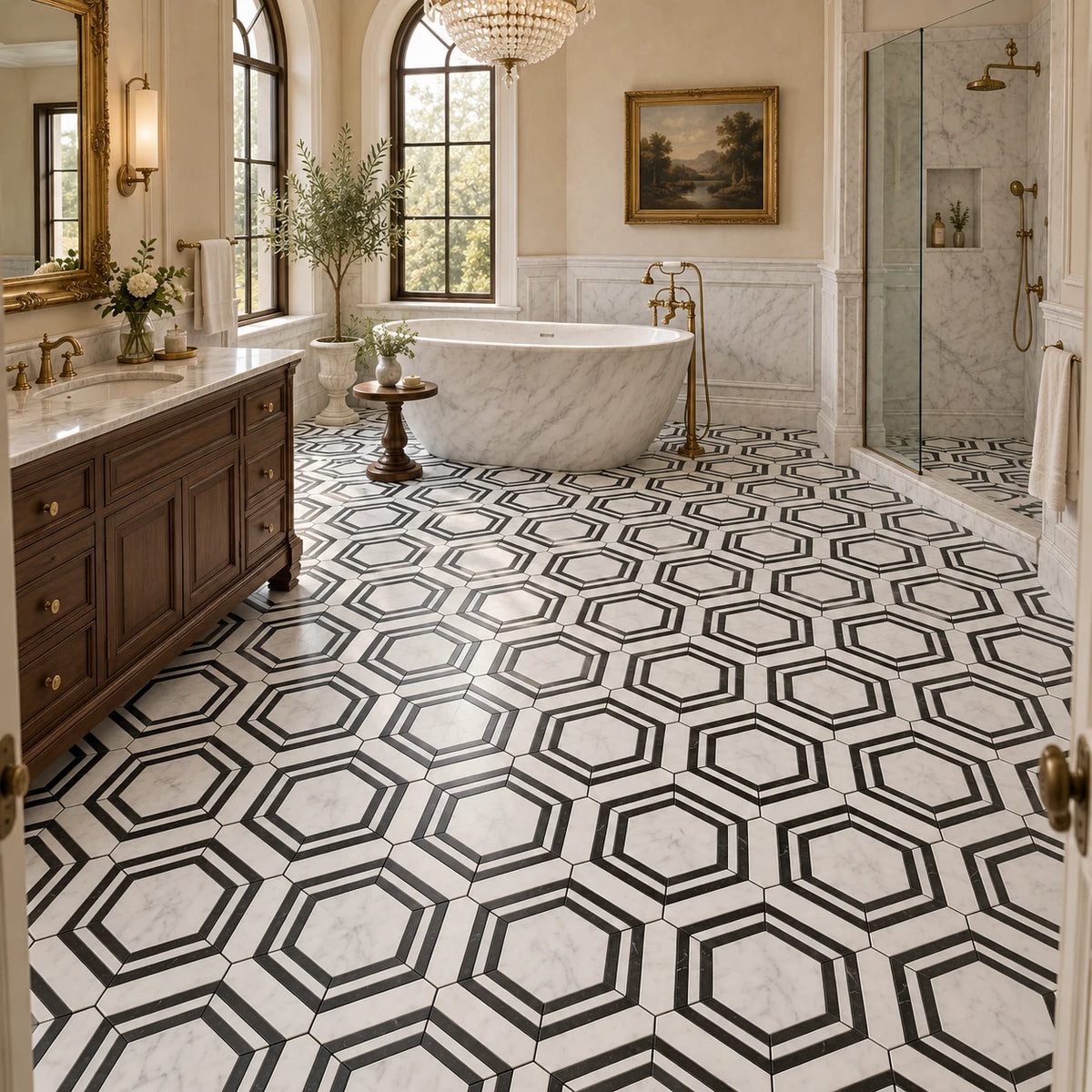 A luxurious bathroom interior featuring a bold black and white geometric hexagon pattern tile floor, a marble freestanding tub, a dark wood vanity, and a glass shower enclosure.