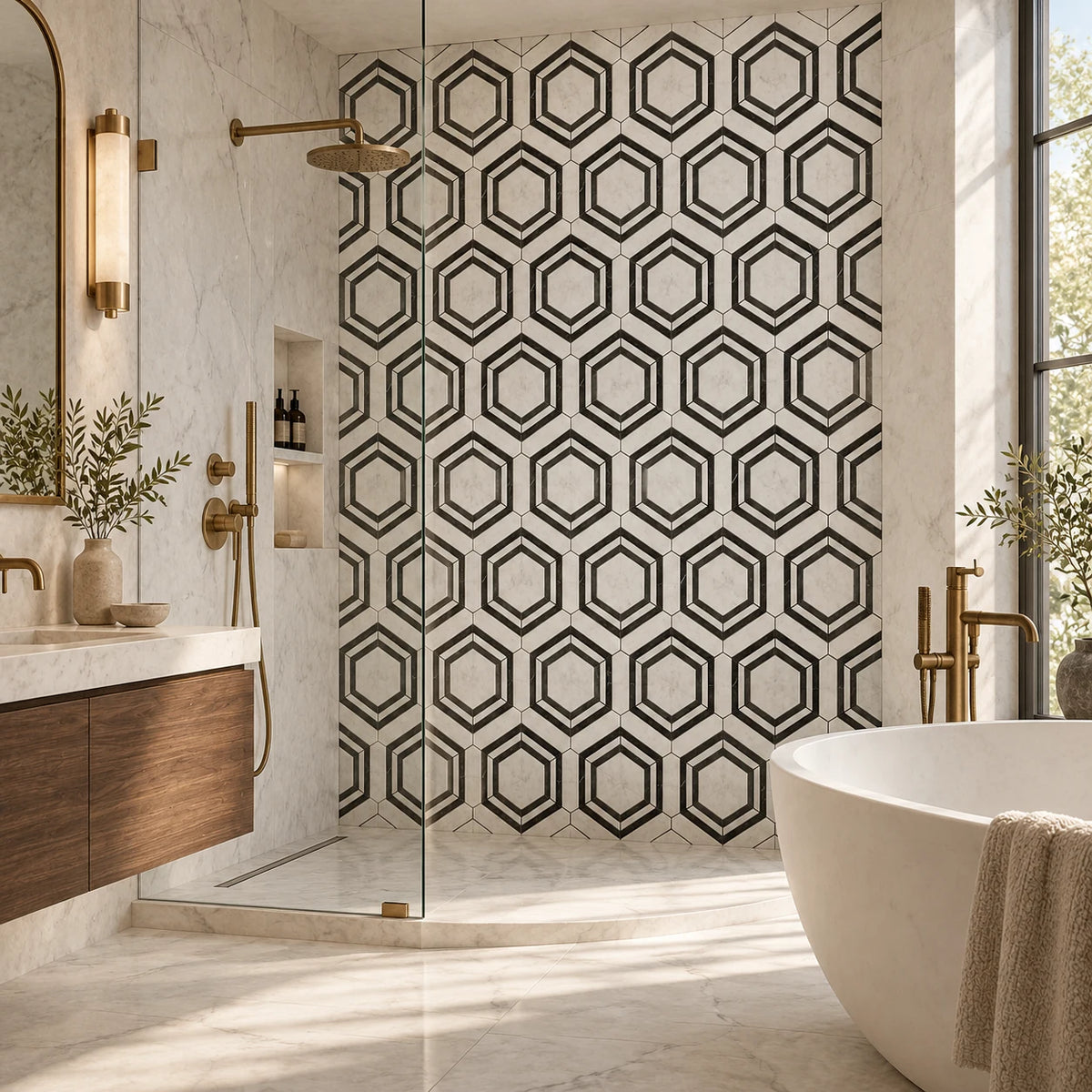 A modern bathroom interior featuring a wall covered in black and white geometric hexagon-patterned mosaic tiles, with a freestanding white bathtub, gold-toned fixtures, a marble vanity, and a glass shower enclosure.