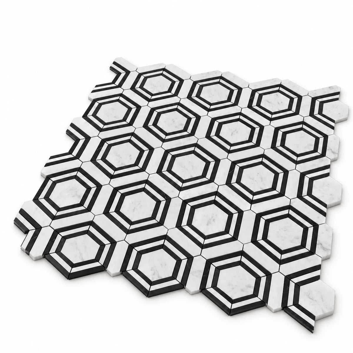 Bianco Carrara Hexagon Marble Mosaic with Nero Marquina Geometric Strips