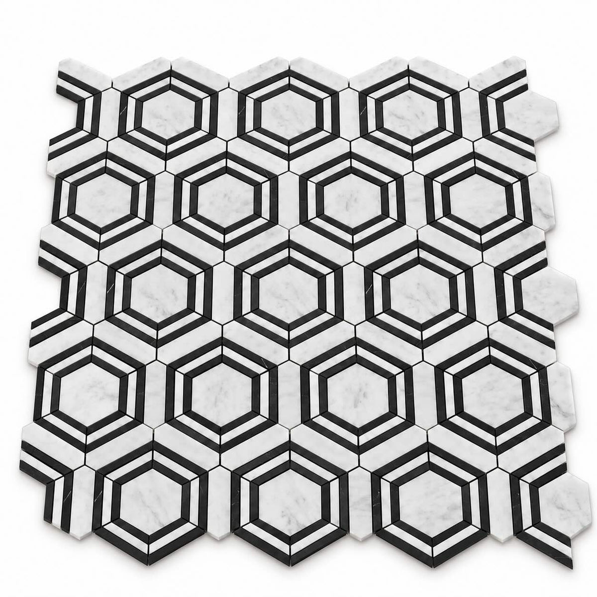 Bianco Carrara Hexagon Marble Mosaic with Nero Marquina Geometric Strips