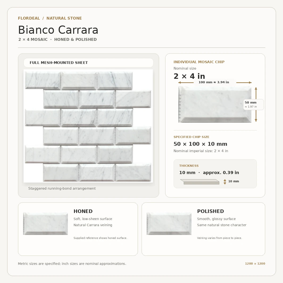 Bianco Carrara 50 × 100 mm Deep Bevel Marble Mosaic, Honed