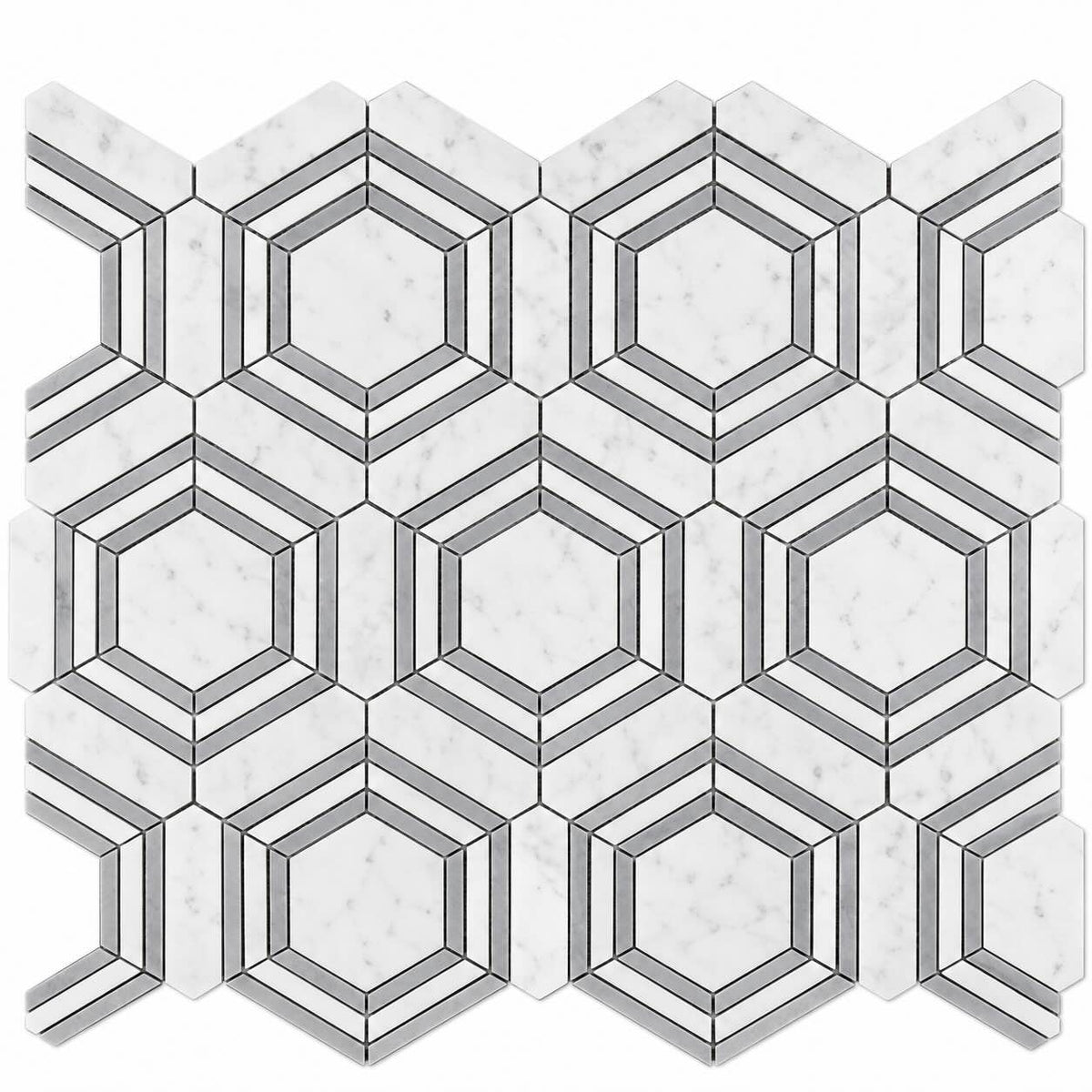 Bianco Carrara Hexagon Marble Mosaic with Bardiglio Geometric Strips, Honed