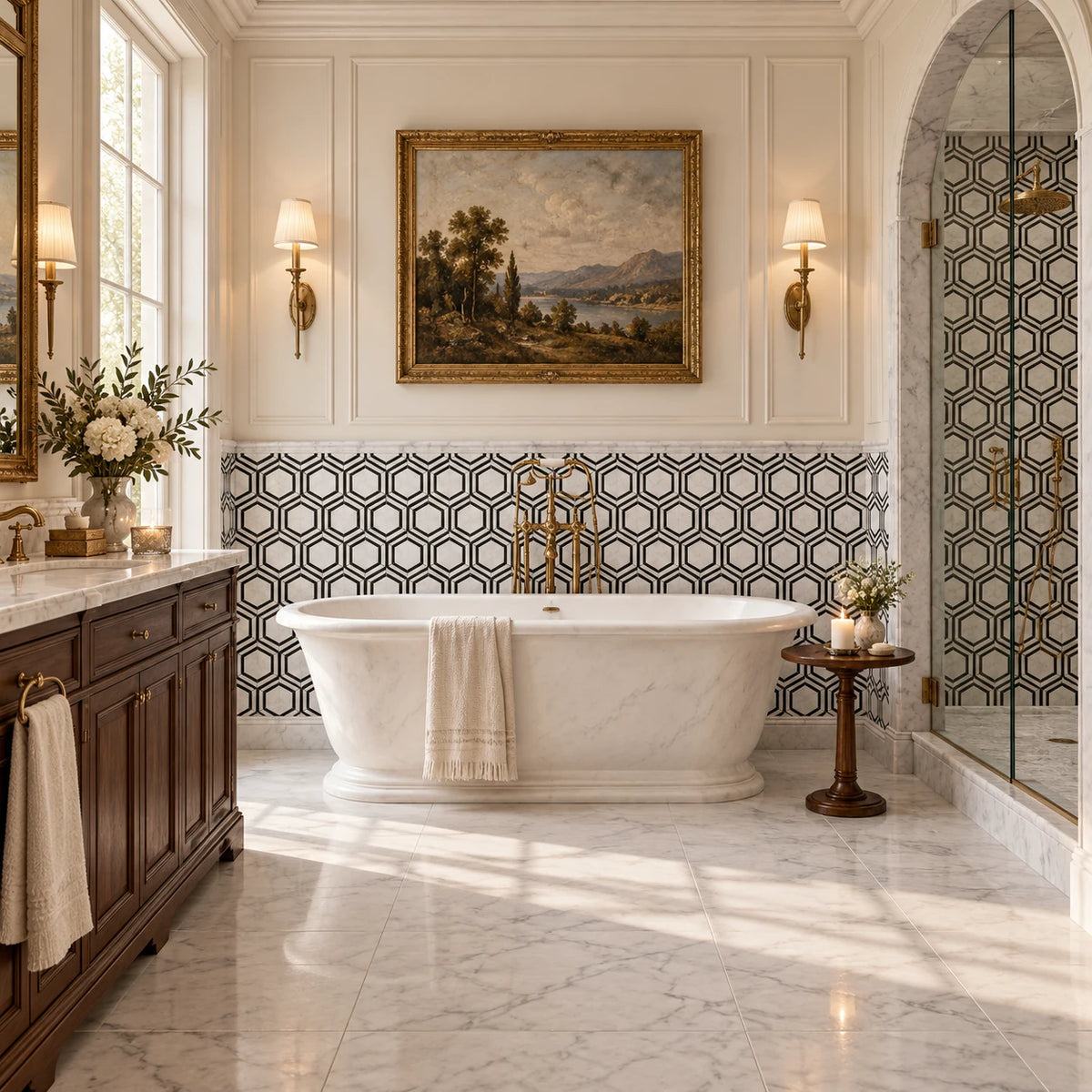 Bianco Carrara Hexagon Marble Mosaic with Nero Marquina Geometric Strips, Honed