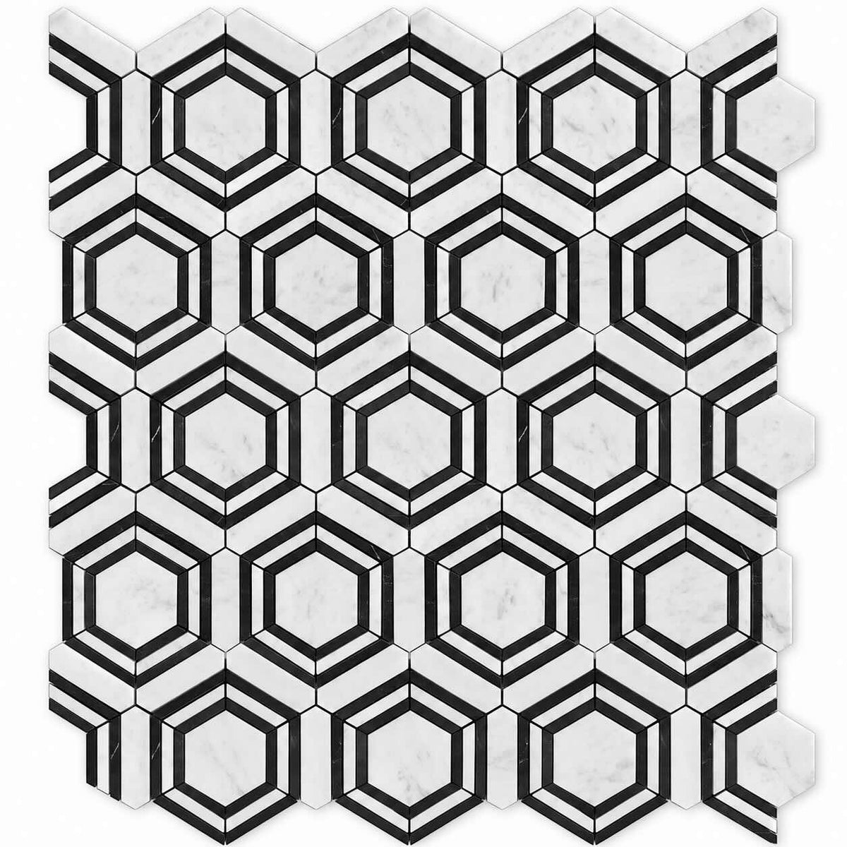 Bianco Carrara Hexagon Marble Mosaic with Nero Marquina Geometric Strips, Honed