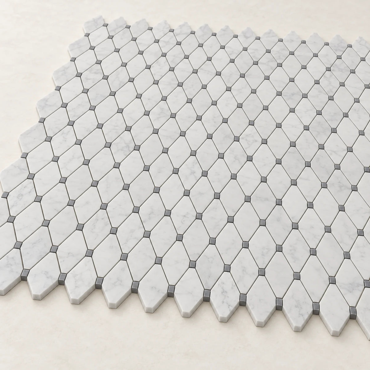 Bianco Carrara Long Octagon Marble Mosaic with Bardiglio Inserts, Honed