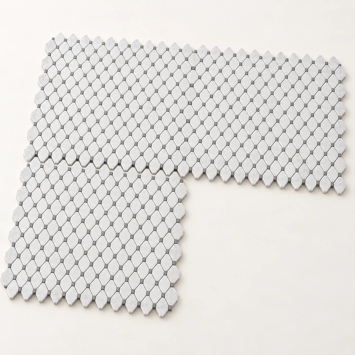 Bianco Carrara Long Octagon Marble Mosaic with Bardiglio Inserts, Honed