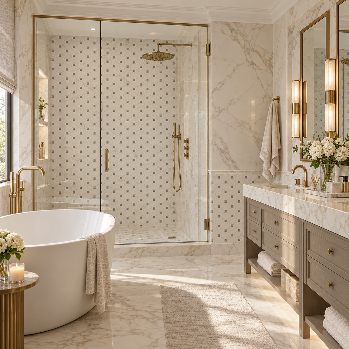 Bianco Carrara Long Octagon Marble Mosaic with Bardiglio Inserts, Honed