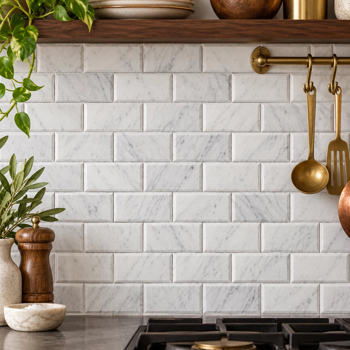Bianco Carrara 50 × 100 mm Deep Bevel Marble Mosaic, Polished