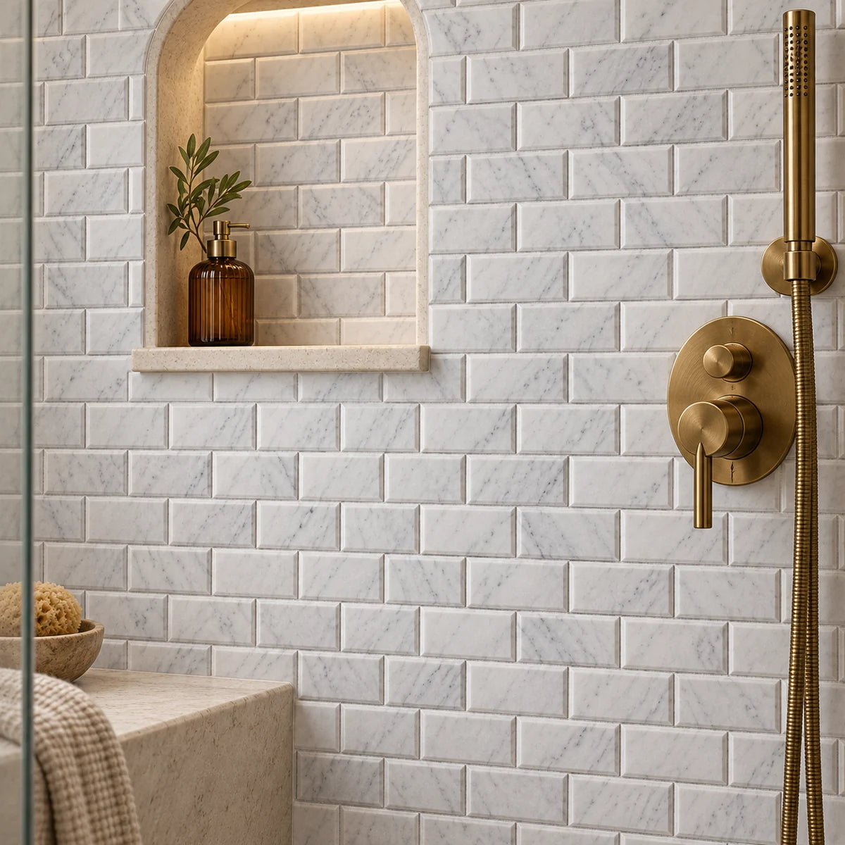 Bianco Carrara 50 × 100 mm Deep Bevel Marble Mosaic, Polished